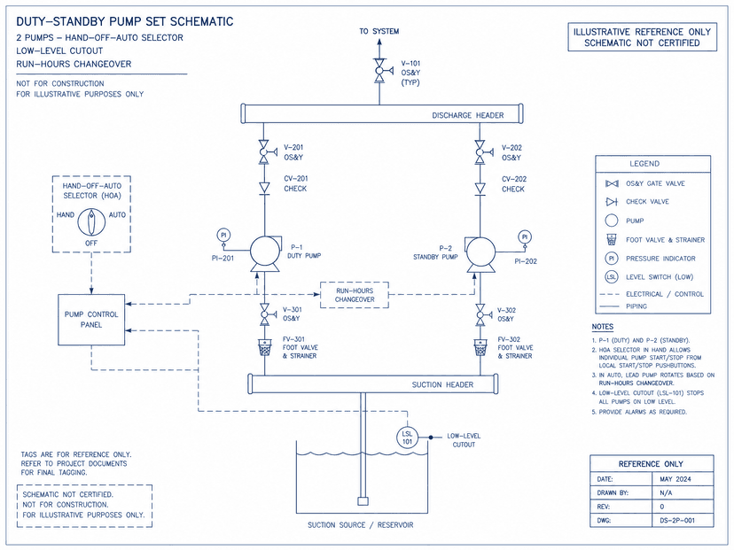 Illustrative duty-standby pump schematic with hand-off-auto selector and low-level cutout