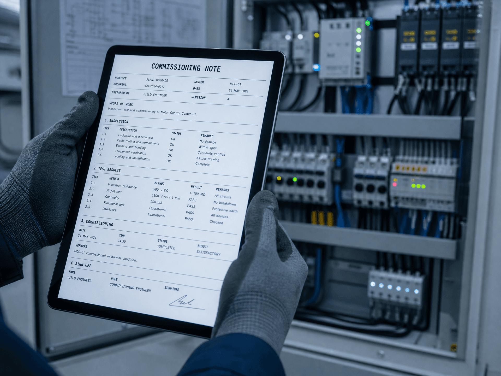 A commissioning note shown on a tablet at an industrial control cabinet